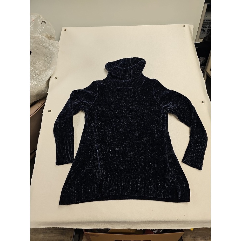 H by Halston Navy Blue Chenille Turtleneck Sweater Side Slits A345775 Womens M